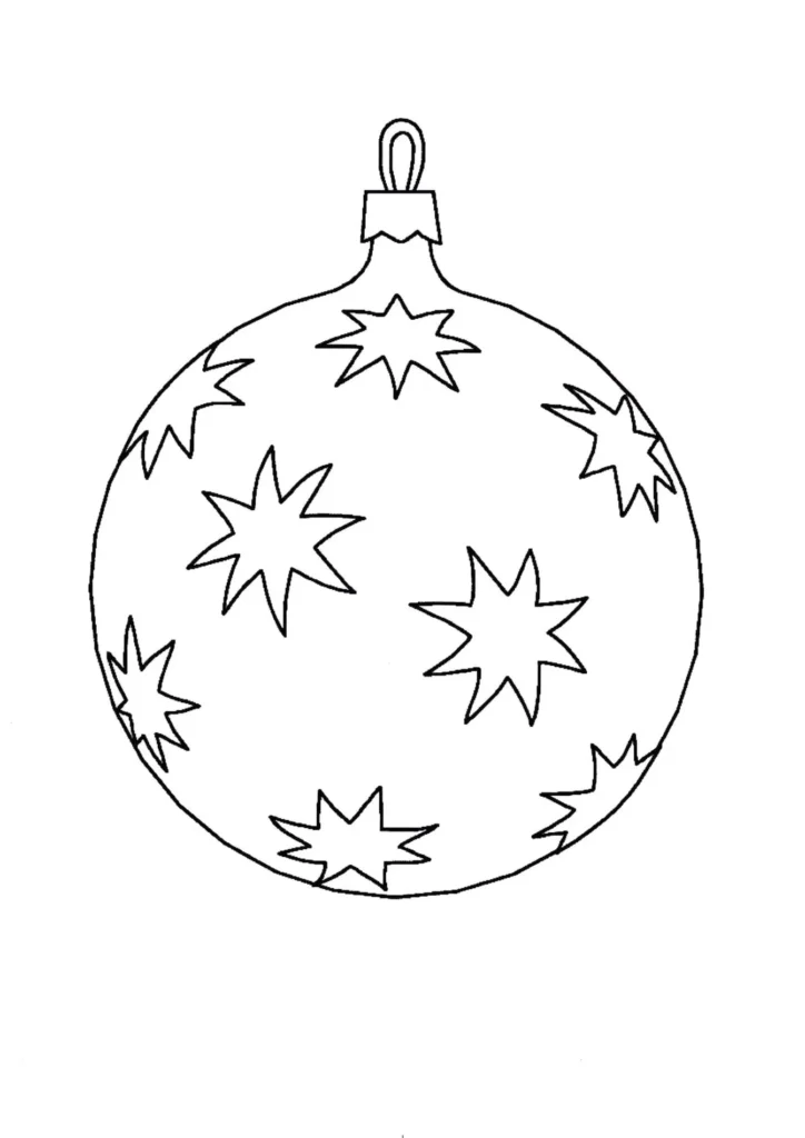 Bola de Natal com estrelas para colorir. Desenho simples de ornamento natalino com gancho para pendurar.