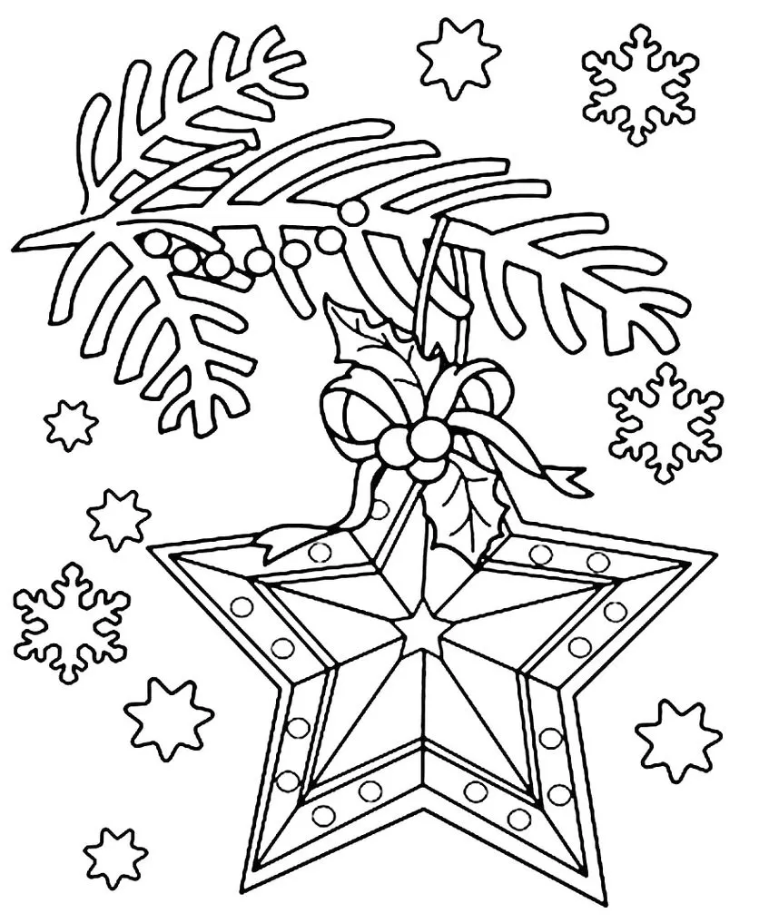 Estrela de Natal pendurada em pinheiro com enfeites, para colorir.