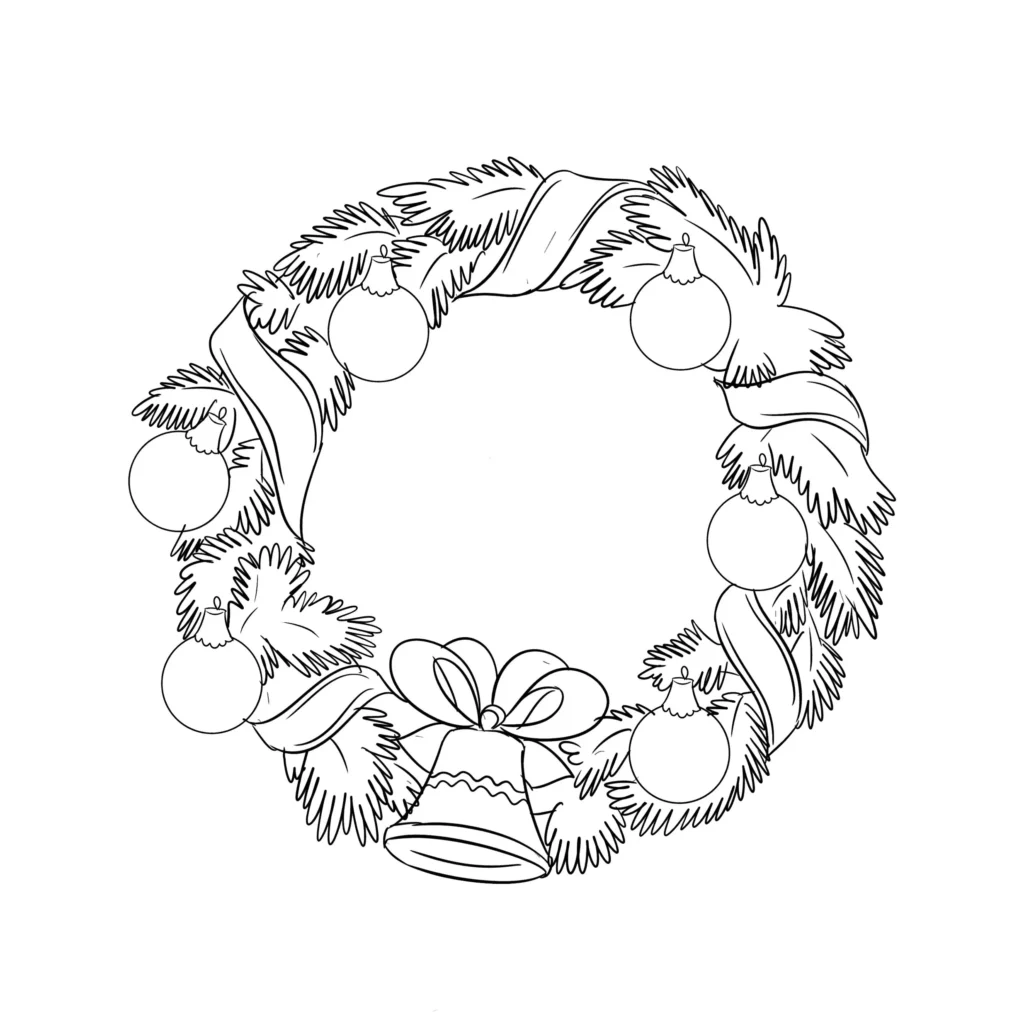 Guirlanda natalina para colorir com pinhas, bolas, laço e sino. Atividade criativa para celebrar o Natal.