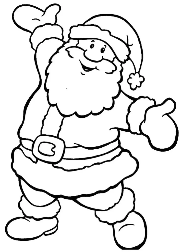 Papai Noel feliz, em desenho para pintar, com roupa típica, barba grande e gestos amigáveis.