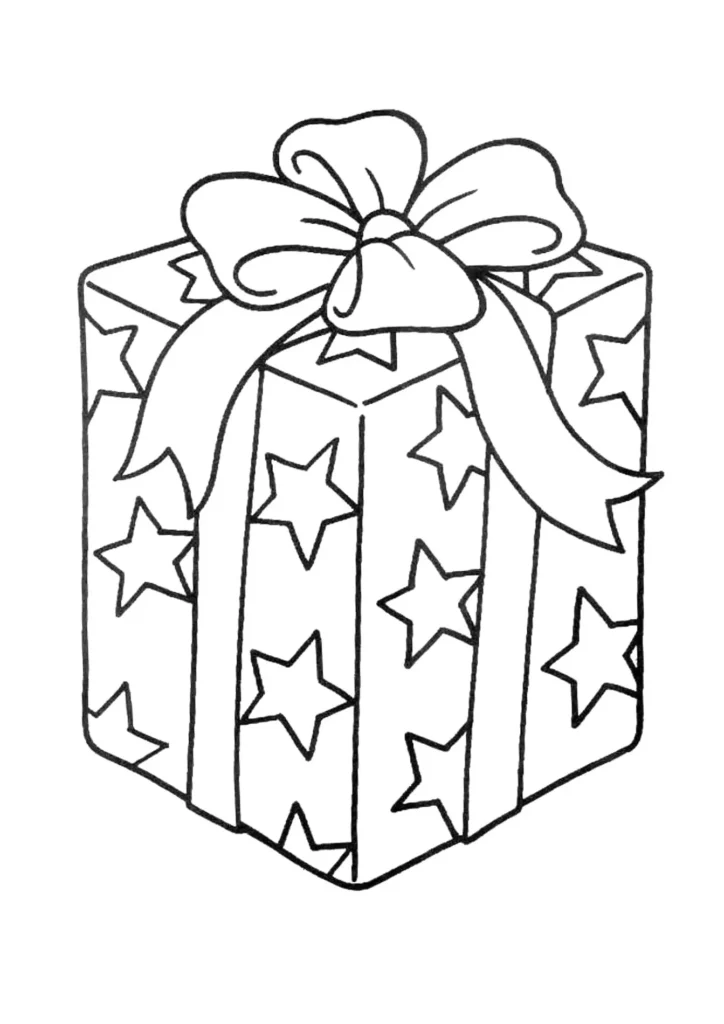 Presente de Natal com laço e estrelas para colorir.