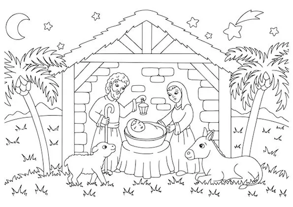 Desenho para colorir do nascimento de Jesus. Maria e José admiram o bebê na manjedoura, com um burro e um cordeiro presentes, sob um céu estrelado com lua e estrela cadente.