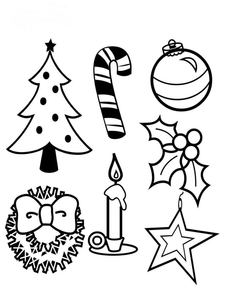 Desenhos de Natal para colorir: árvore enfeitada, bengala doce, bola natalina, azevinho, vela acesa, guirlanda festiva e estrela.