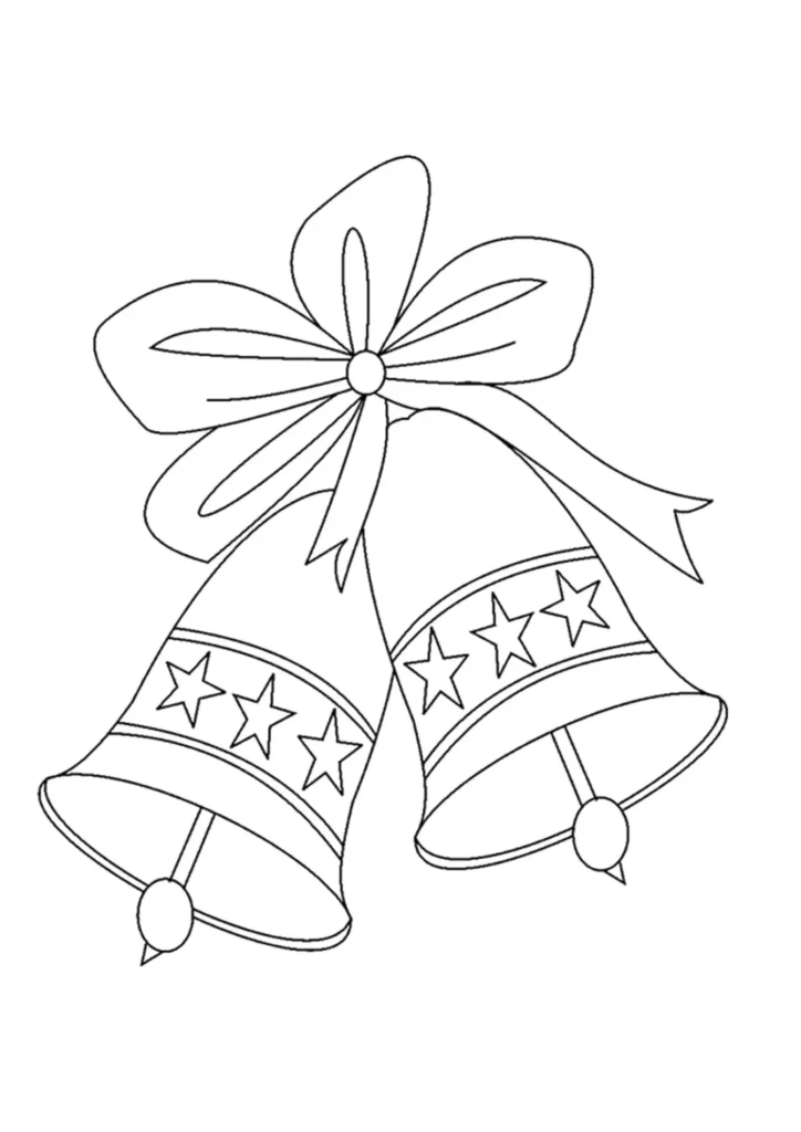 Sinos de Natal com laço e estrelas, desenho para colorir.