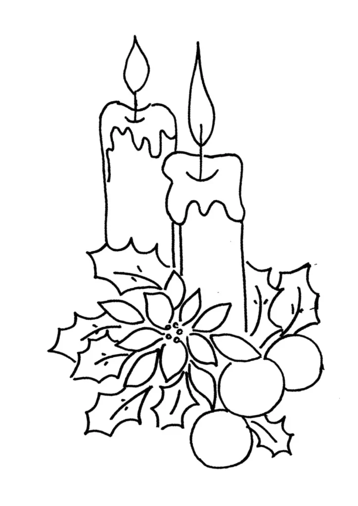 Desenho de velas natalinas acesas, adornadas com azevinho, ideal para colorir.