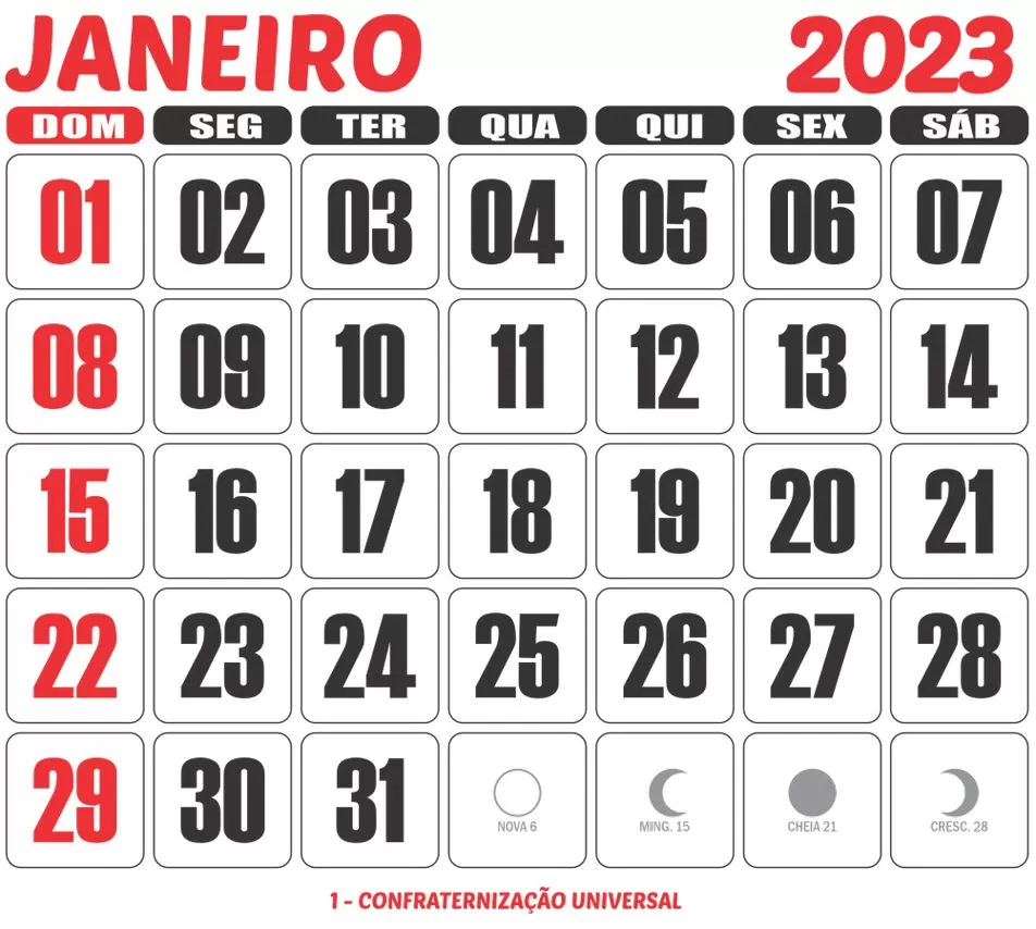 Calendário Janeiro 2023 para impressão. Feriado Confraternização Universal destacado.