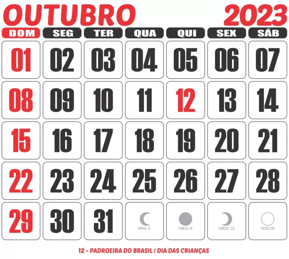 Calendário Outubro 2023 para impressão: planeje seu mês e feriados!