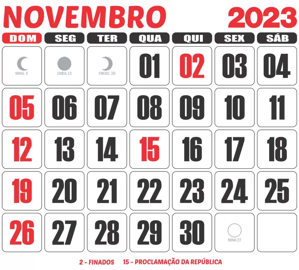 Calendário Novembro 2023 para imprimir com feriados e fases da lua