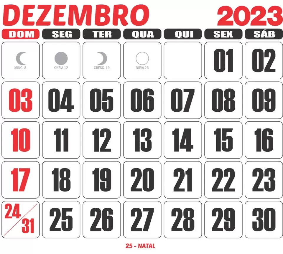 Calendário Dezembro 2023 para impressão com fases da lua e feriado de Natal.