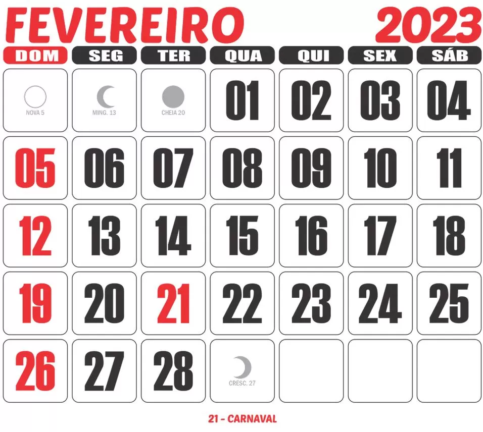 Calendário Fevereiro 2023 para imprimir: fases da lua e Carnaval