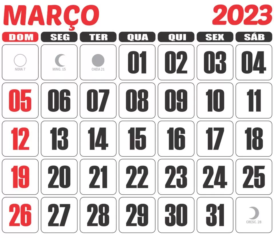 Calendário Março 2023 para impressão: organize seus compromissos e acompanhe as fases da lua.