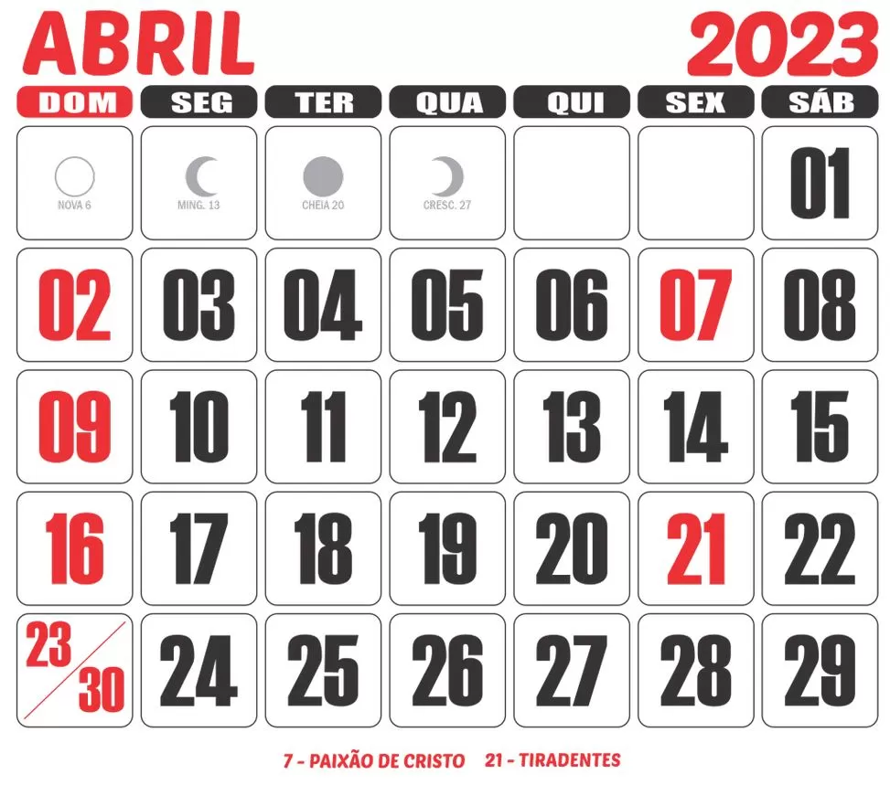 Calendário Abril 2023 para impressão com feriados da Paixão de Cristo e Tiradentes destacados.