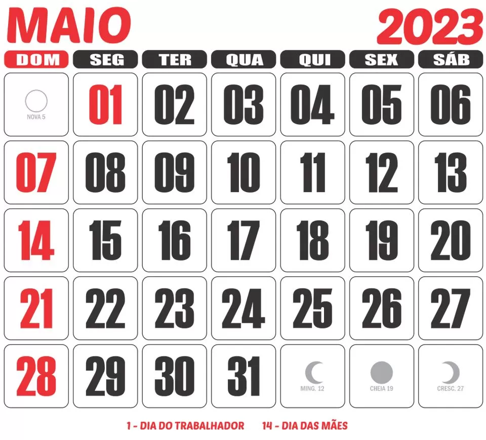 Calendário Maio 2023 para imprimir: Dia do Trabalhador e Dia das Mães em destaque, com fases da lua.