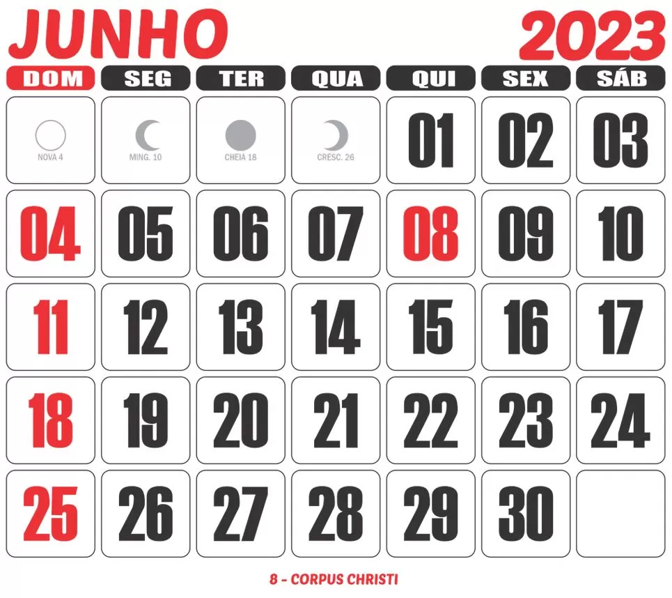 Calendário Junho 2023 para Imprimir: Fases da Lua e Feriado de Corpus Christi