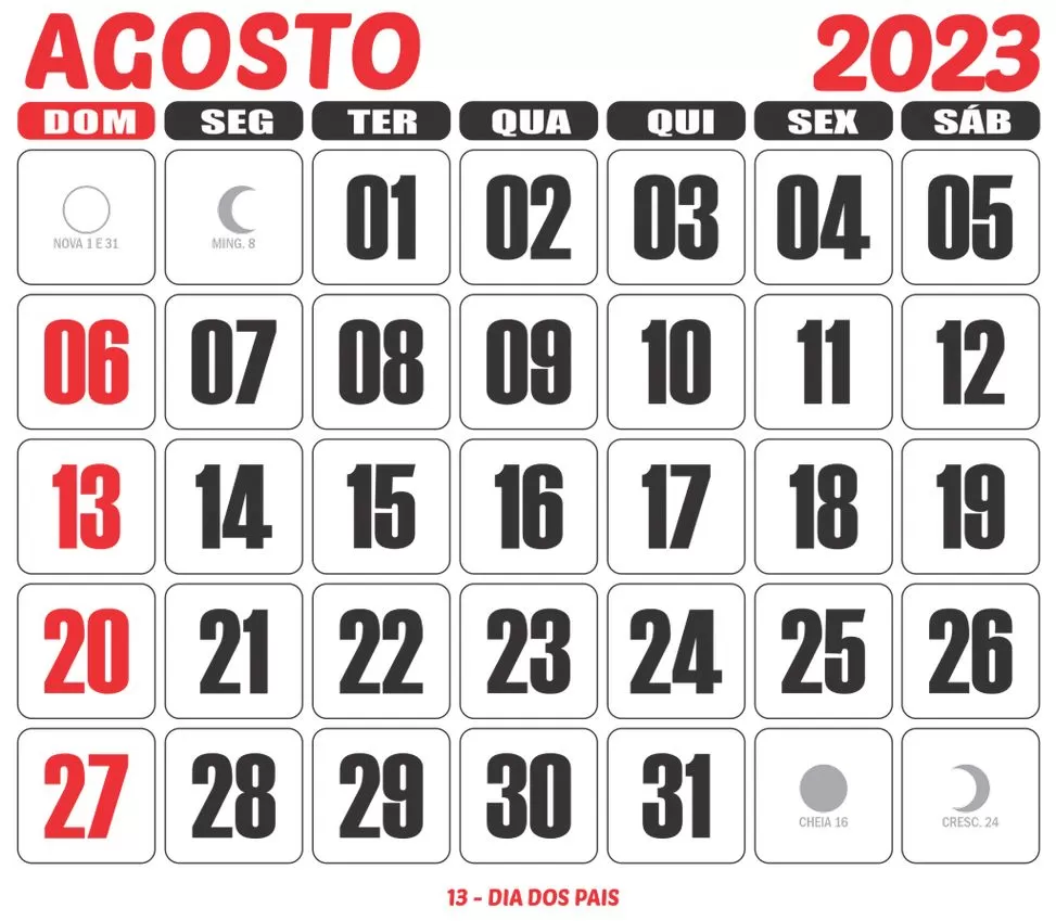 Calendário Agosto 2023 para Imprimir: Fases da Lua e Dia dos Pais em destaque