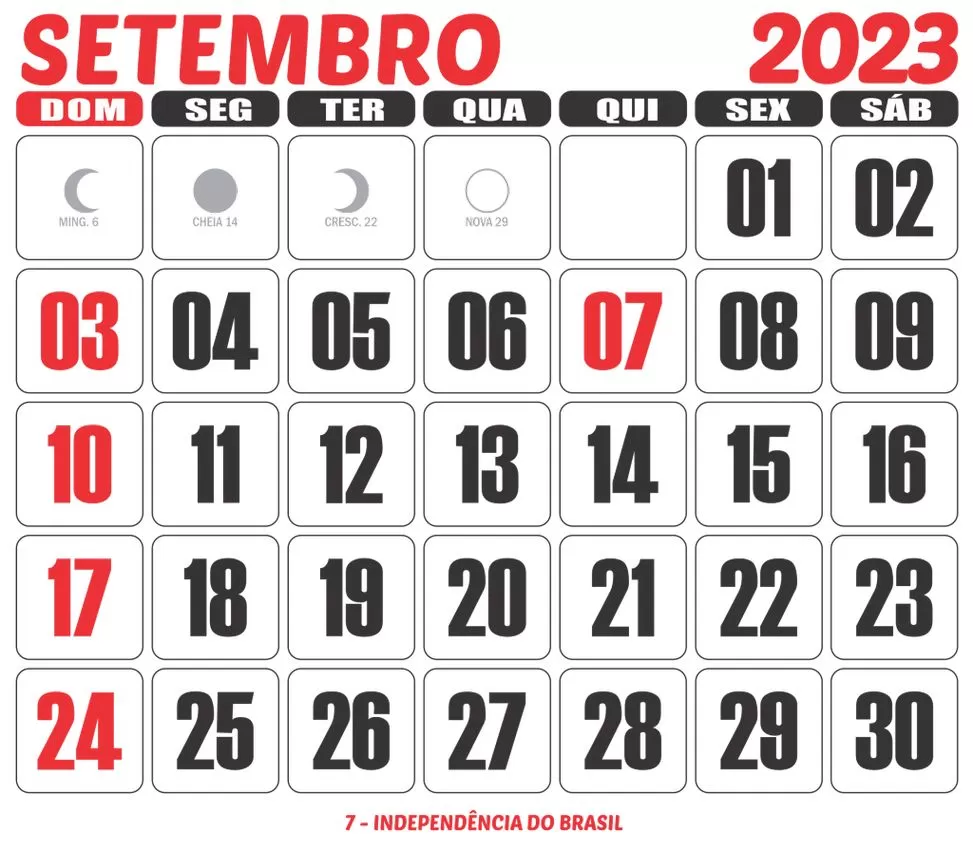 Calendário Setembro 2023 para imprimir com feriado da Independência e fases da lua