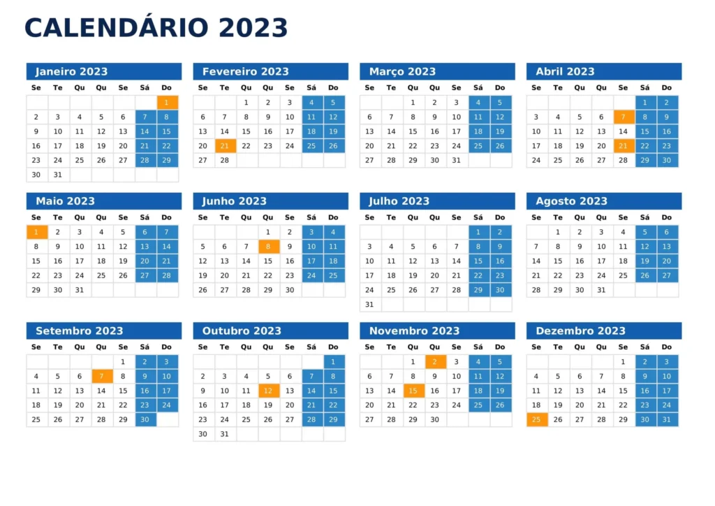 Calendário 2023 Azul com Feriados para planejamento anual