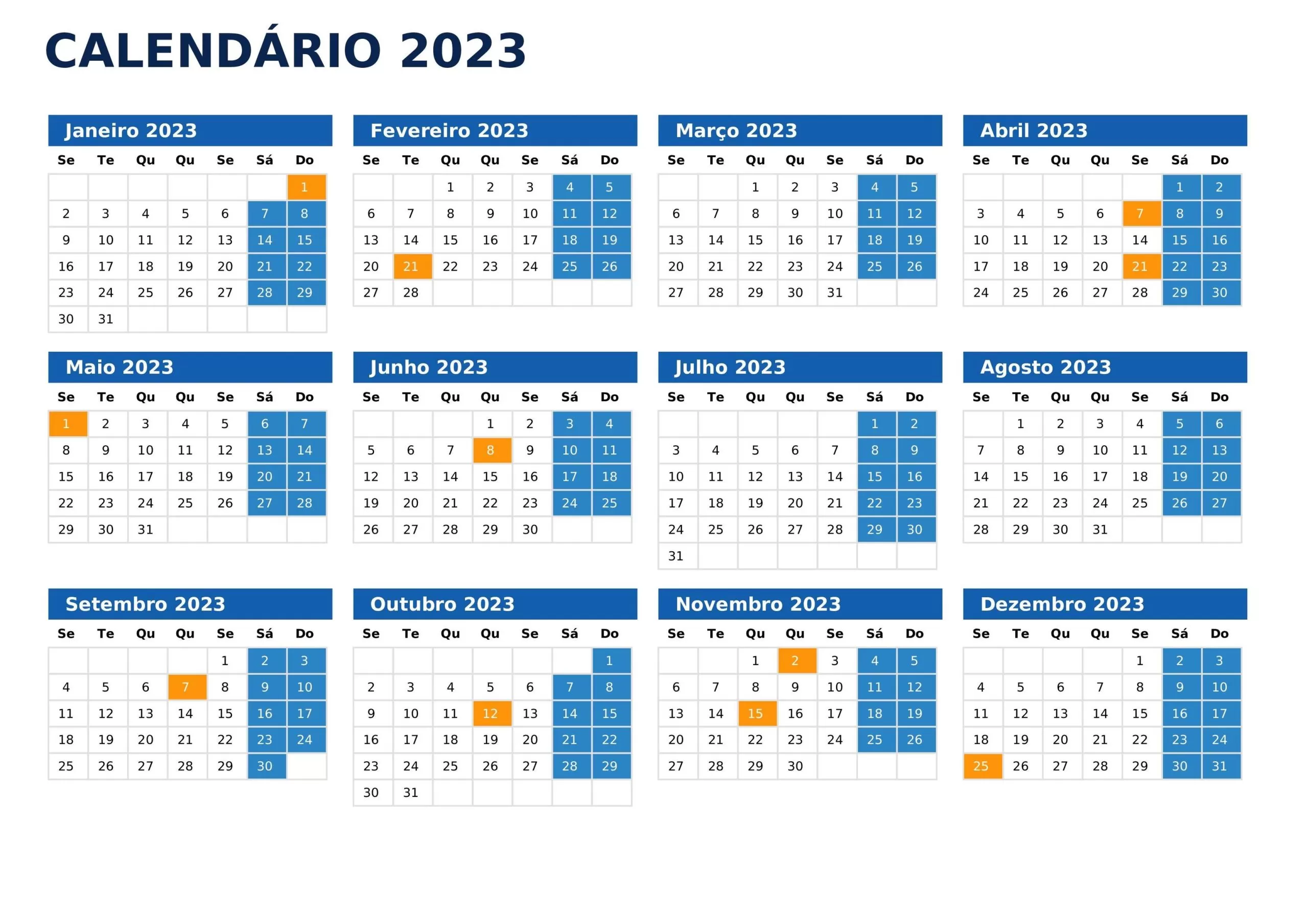 Calendário 2023 para imprimir Azul com Feriados