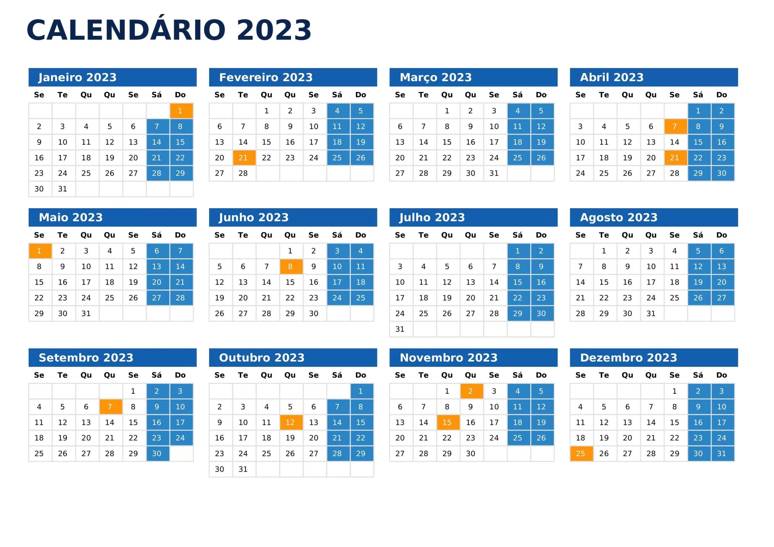 Calendário 2023 Azul com Feriados para planejamento anual
