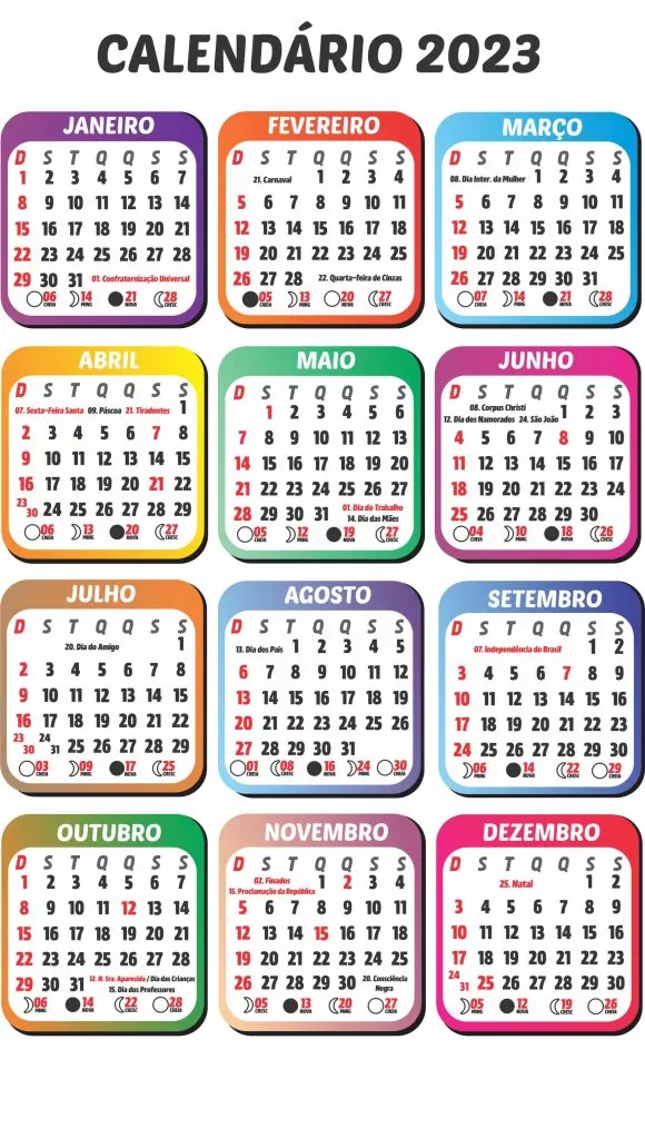 Calendário 2023 para imprimir. Colorido