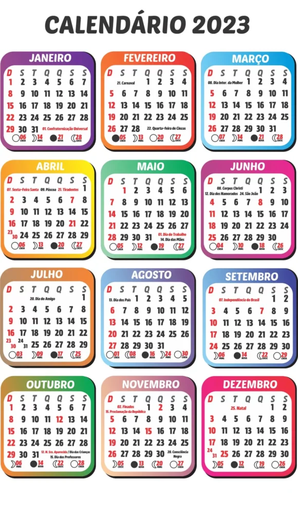 Calendário 2023 Colorido com Feriados e Fases da Lua