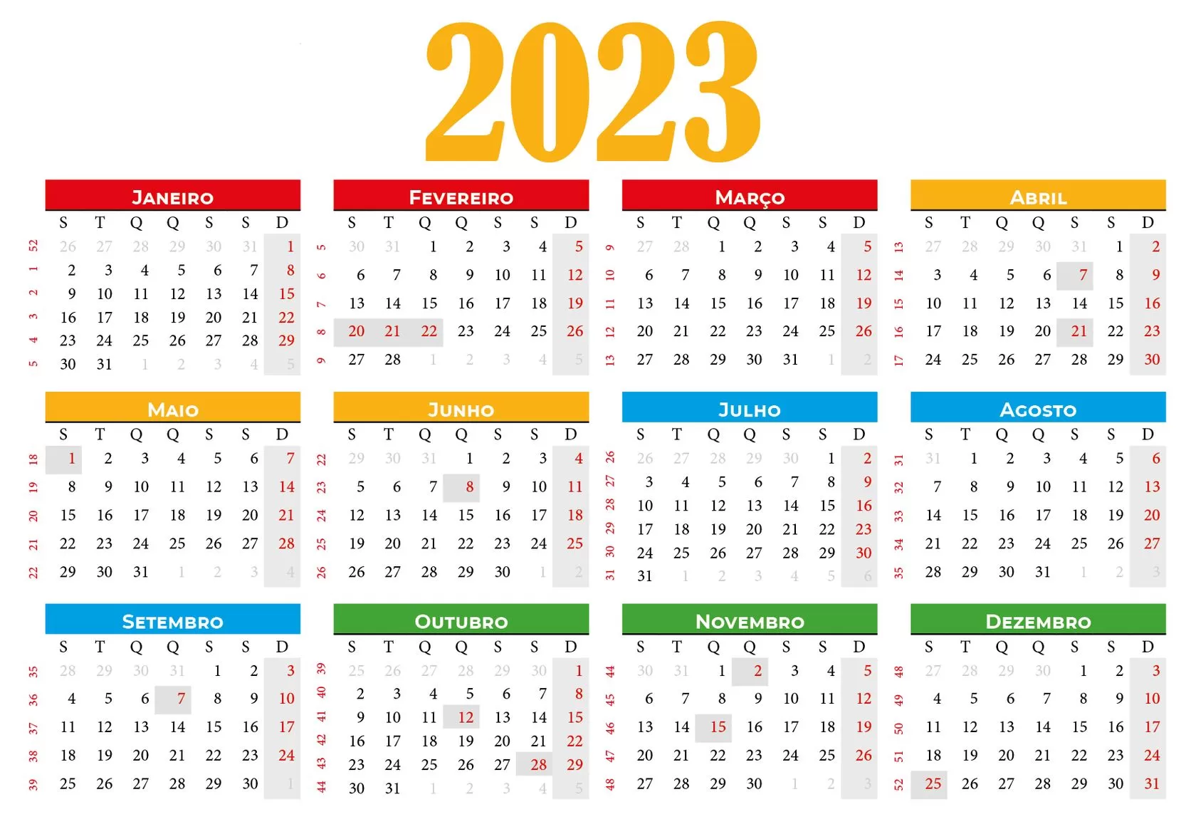 Calendário 2023 para imprimir Feriados