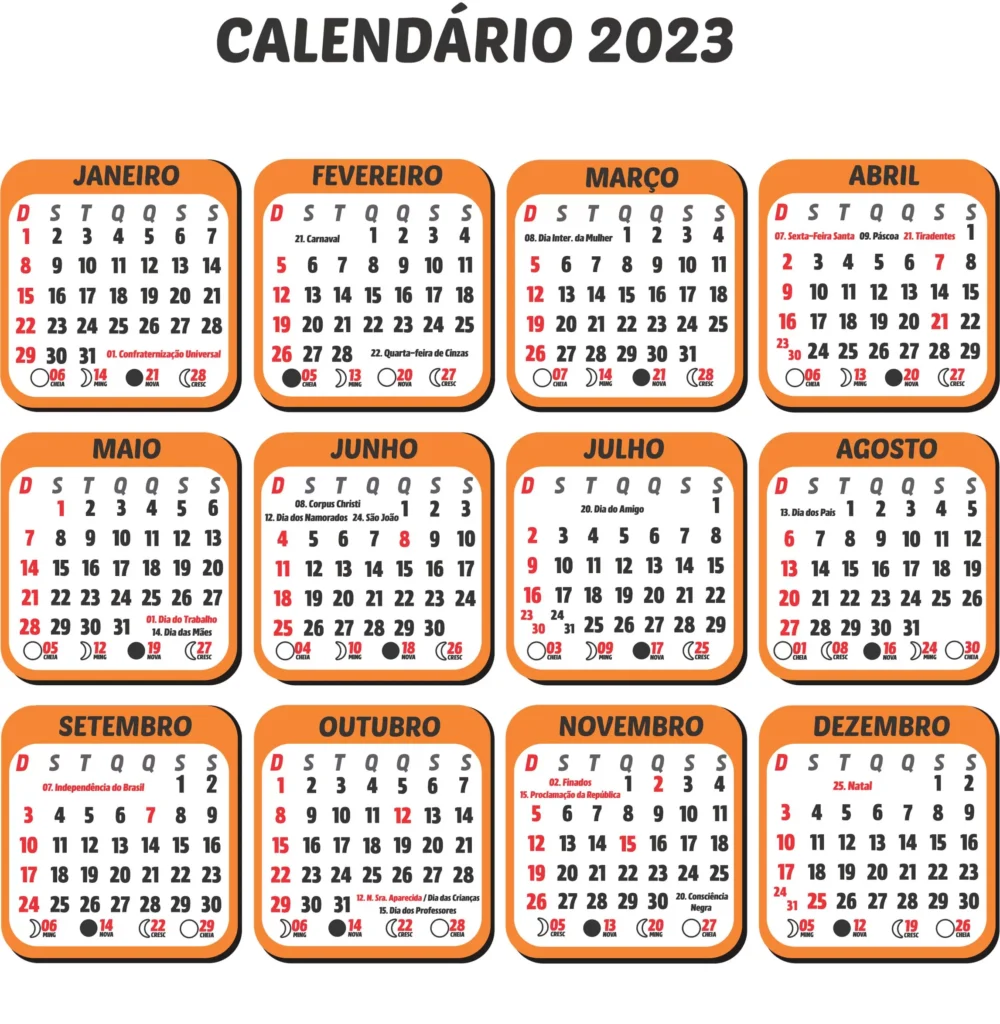 Calendário 2023 Laranja: Planeje o ano com feriados e fases da lua