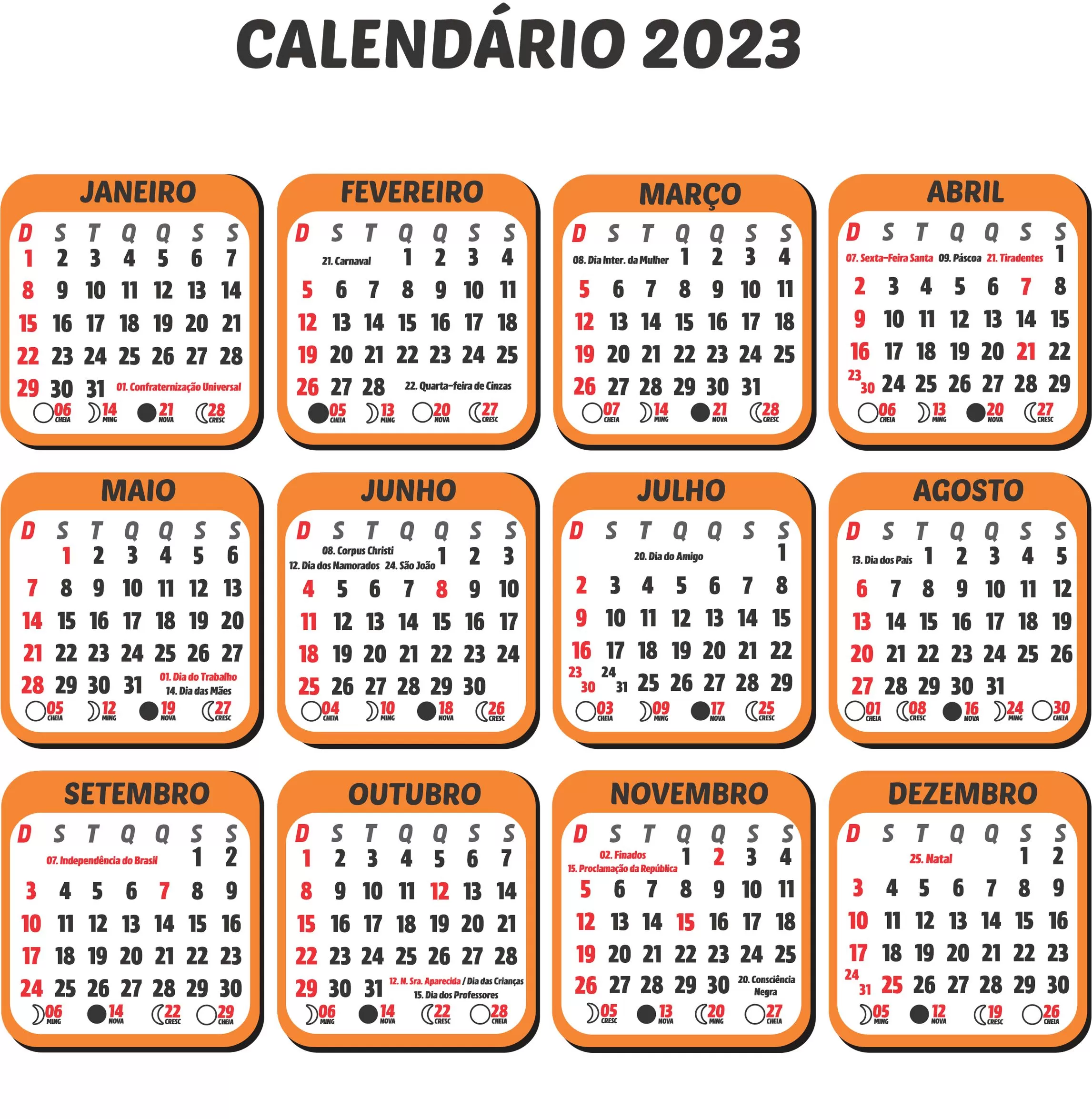 Calendário 2023 para imprimir Laranja