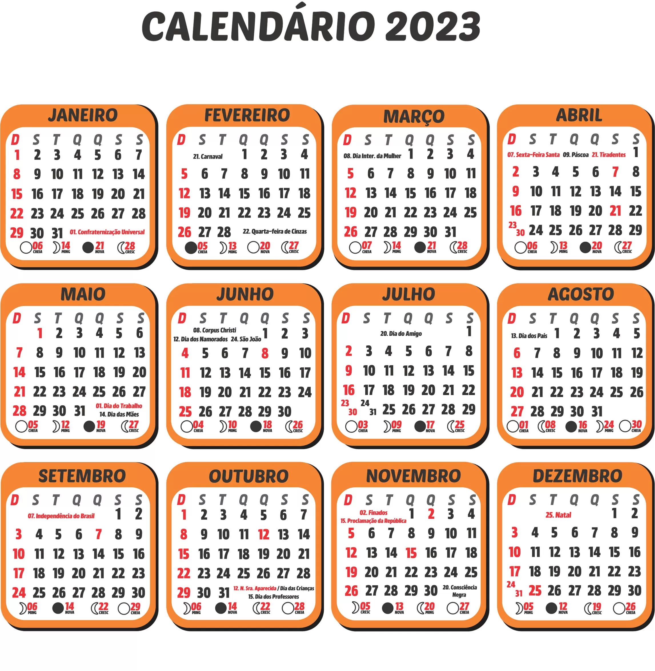 Calendário 2023 Laranja: Planeje o ano com feriados e fases da lua