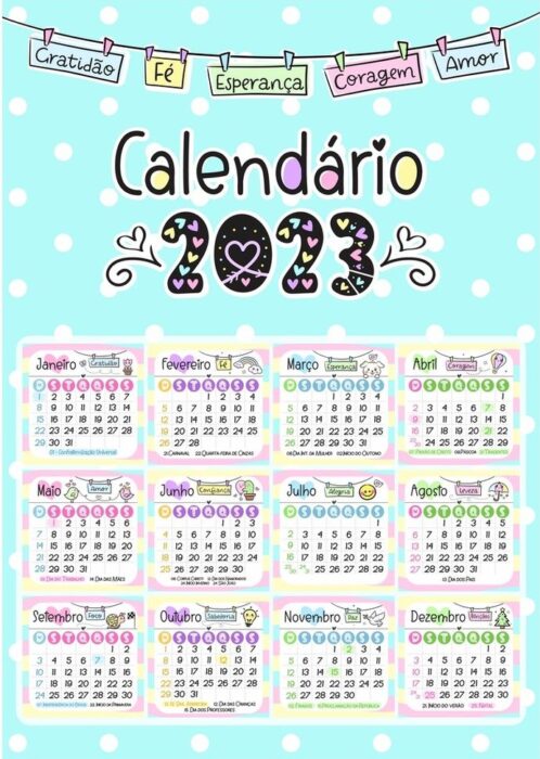 Calendário 2023 Temático e Colorido para Imprimir: Meses Decorados com Motivos Inspiradores