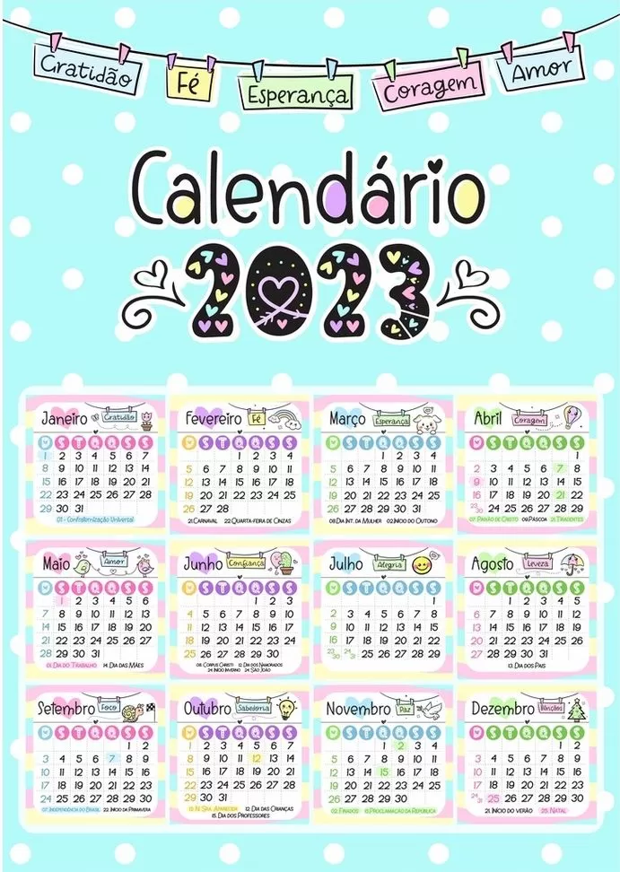 Calendário 2023 Temático e Colorido para Imprimir: Meses Decorados com Motivos Inspiradores