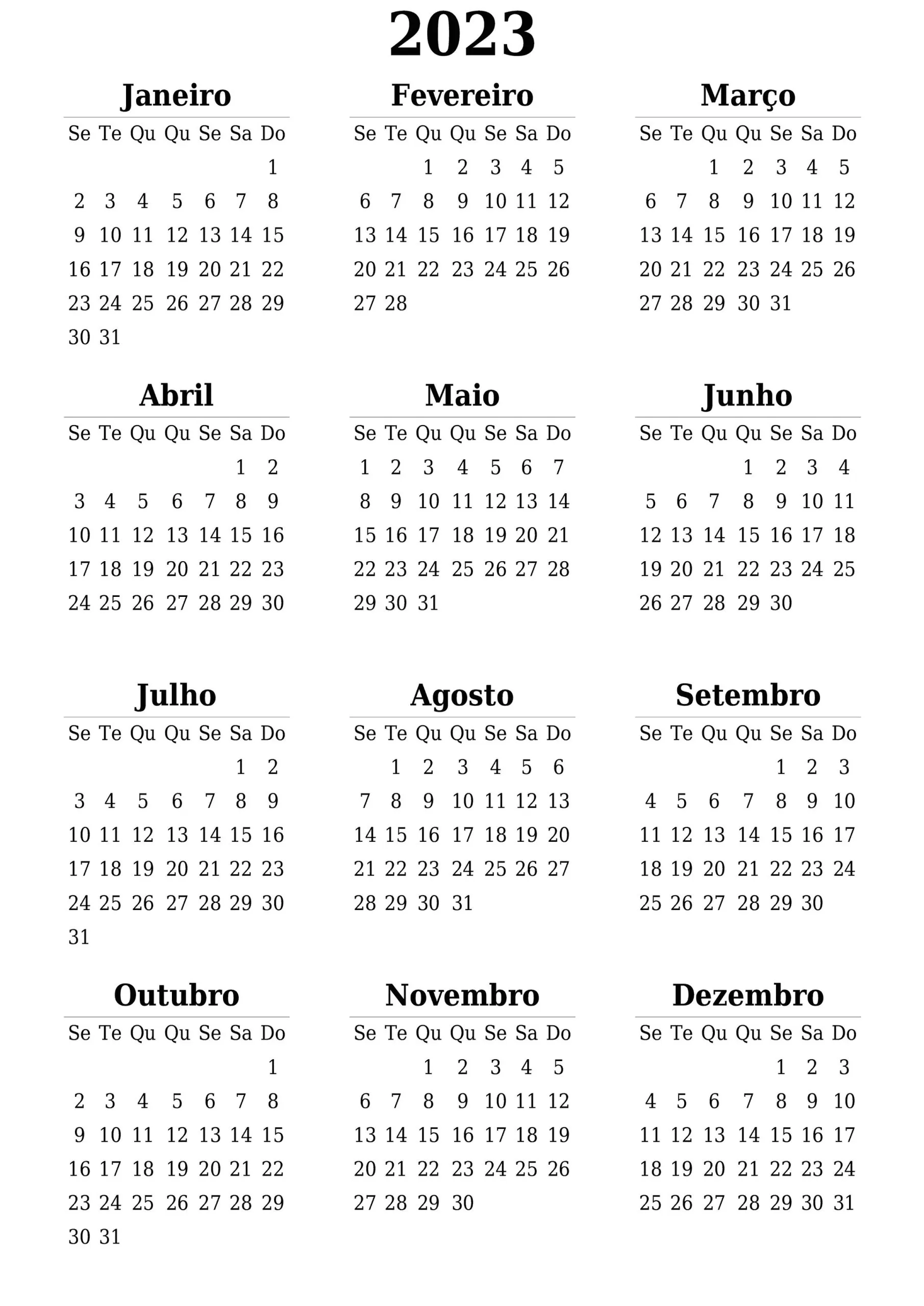 Calendário 2023 para imprimir Preto e Branco
