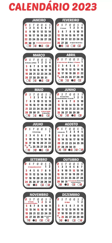 Calendário 2023 Retrato com feriados e fases da lua para impressão.
