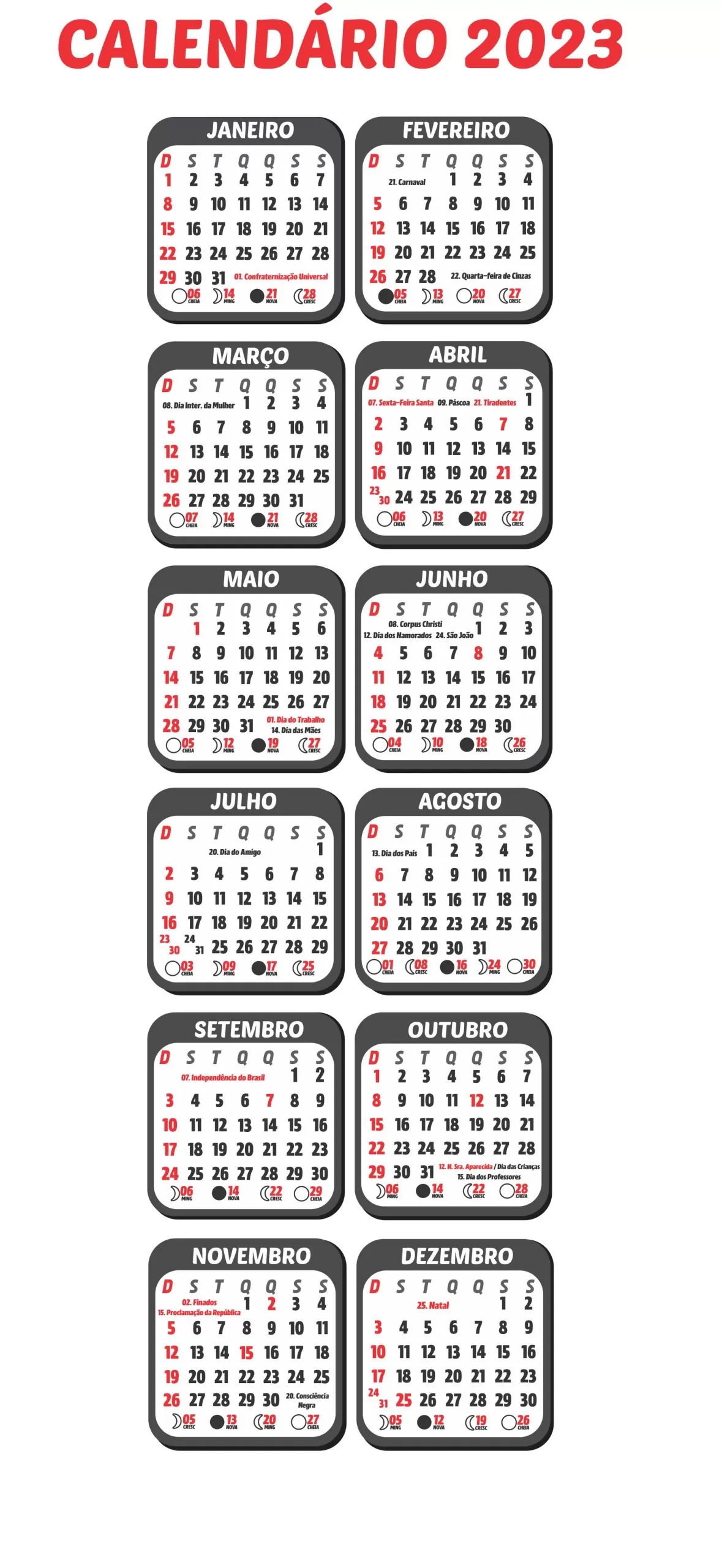 Calendário 2023 Retrato com feriados e fases da lua para impressão.