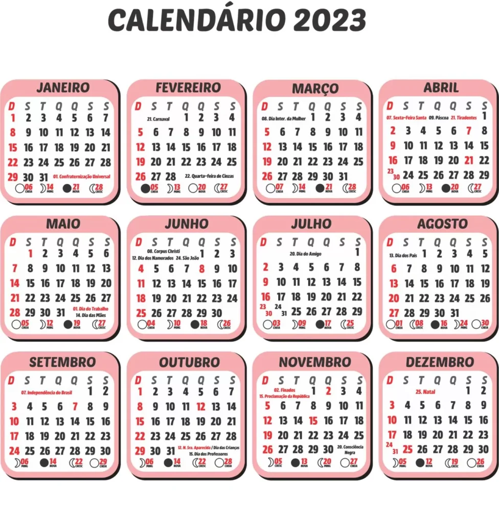 Calendário 2023 Rosa com feriados e fases da lua para visualização