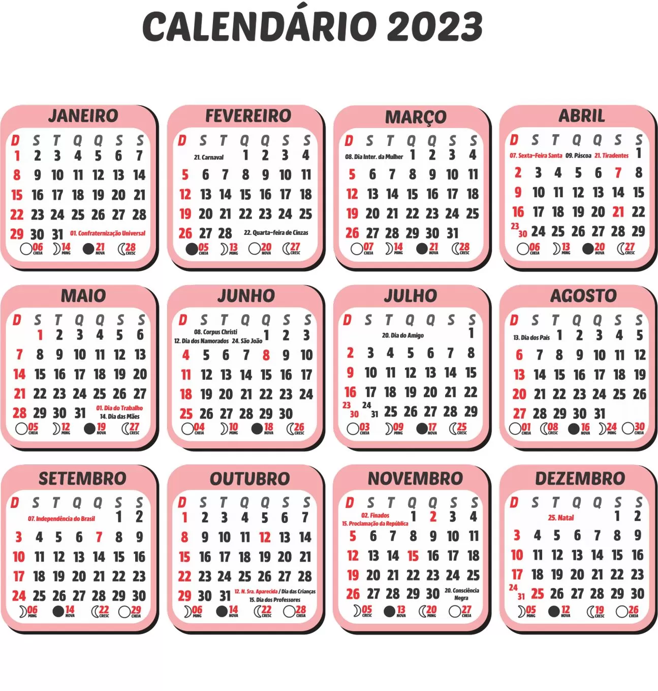 Calendário 2023 Rosa com feriados e fases da lua para visualização