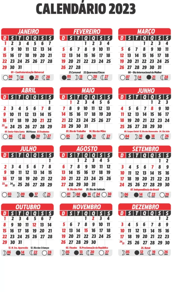 Calendário 2023 Vermelho em Português para Impressão com Feriados e Fases da Lua