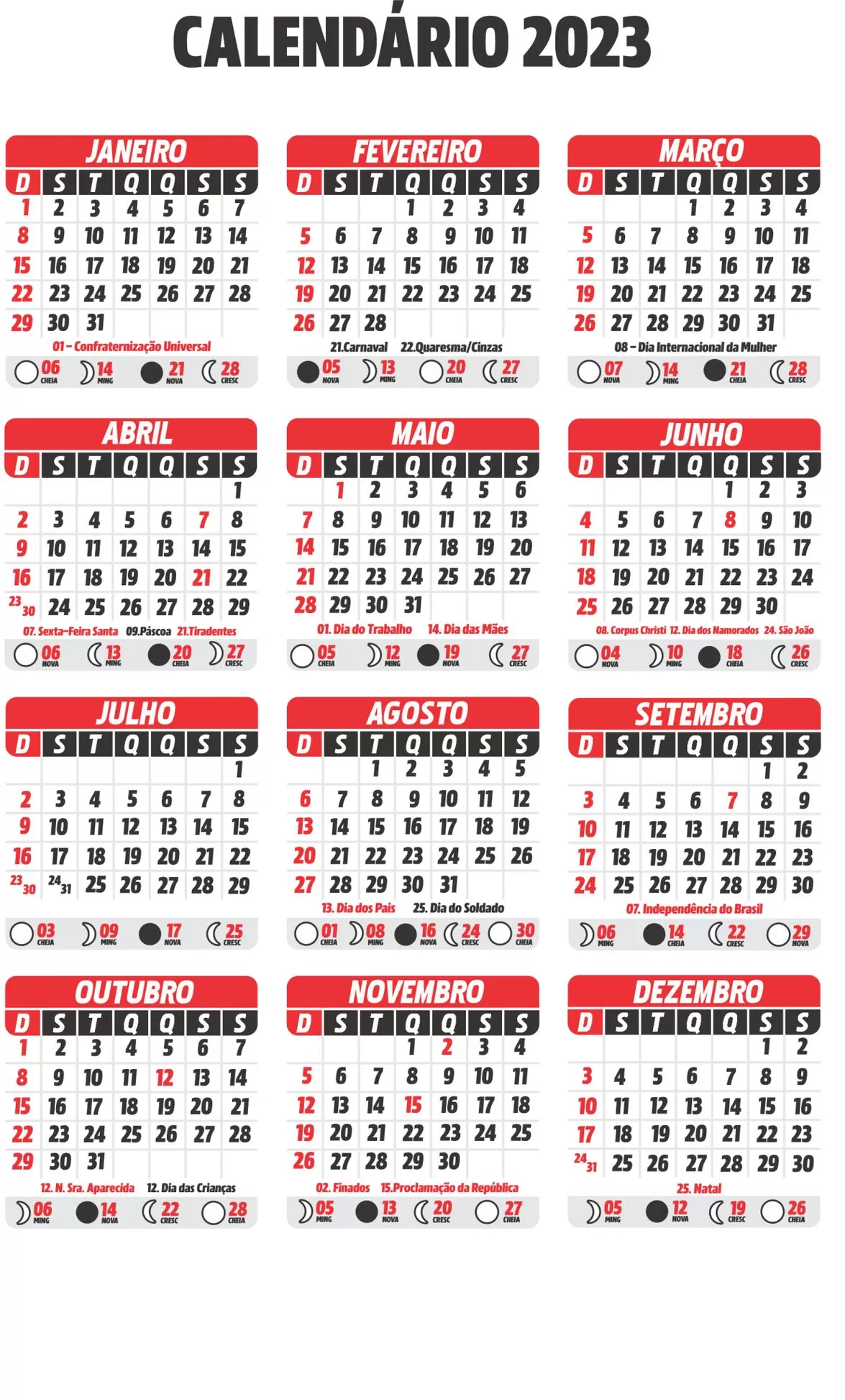 Calendário 2023 Vermelho em Português para Impressão com Feriados e Fases da Lua