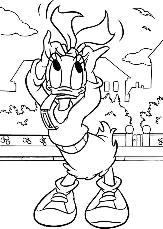 Margarida Donald ajeitando o laço: desenho para colorir em cenário ensolarado.