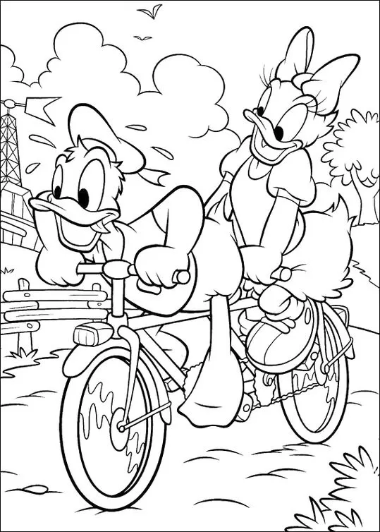 Margarida e Donald em cena para colorir: Aventura de bicicleta no campo