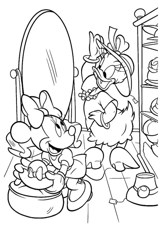 Margarida e Minnie comprando chapéus: desenho para colorir com Minnie sentada e Margarida experimentando um chapéu adornado com laço.
