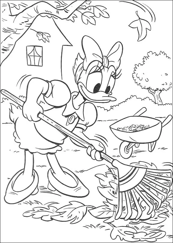 Margarida Donald jardinando: desenho para colorir com a Margarida limpando folhas em um jardim ensolarado.