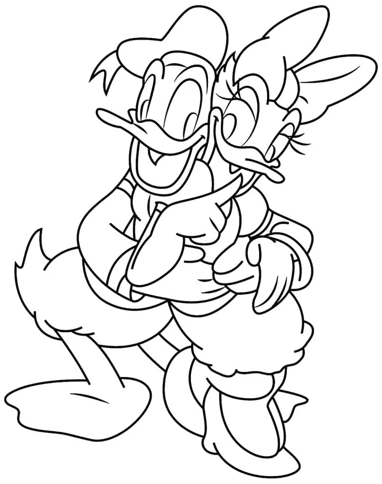 Margarida e Pato Donald para colorir: desenho dos personagens abraçados