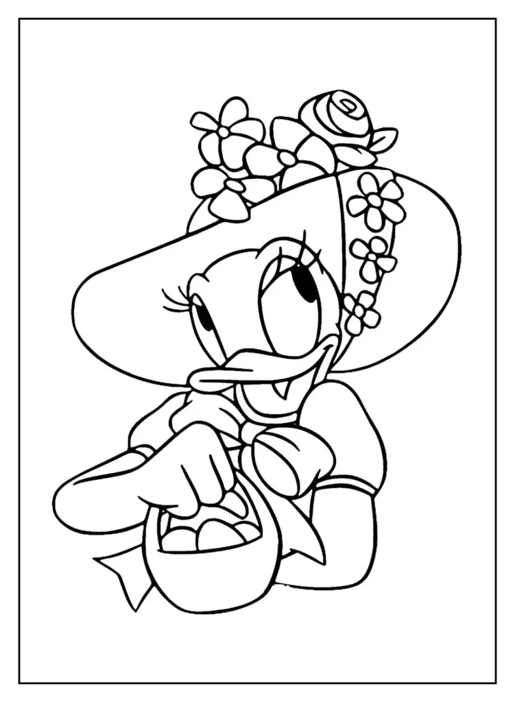 Margarida Donald com chapéu florido e cesta de ovos, pronta para colorir.