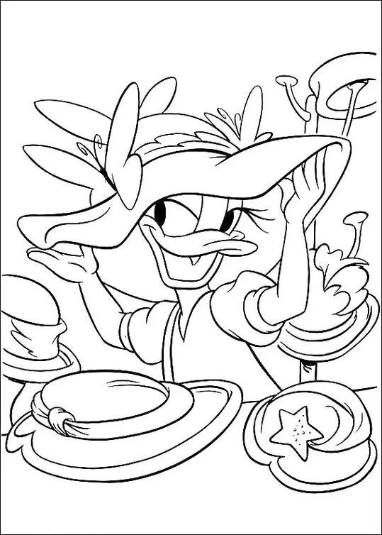 Margarida Donald experimenta chapéus: desenho para colorir da Disney.
