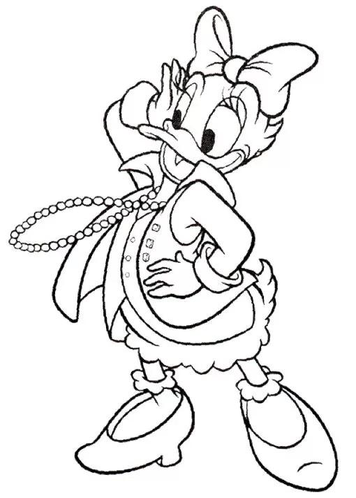 Margarida Donald Vaidosa para pintar: desenho charmoso com colar de pérolas e casaco elegante.