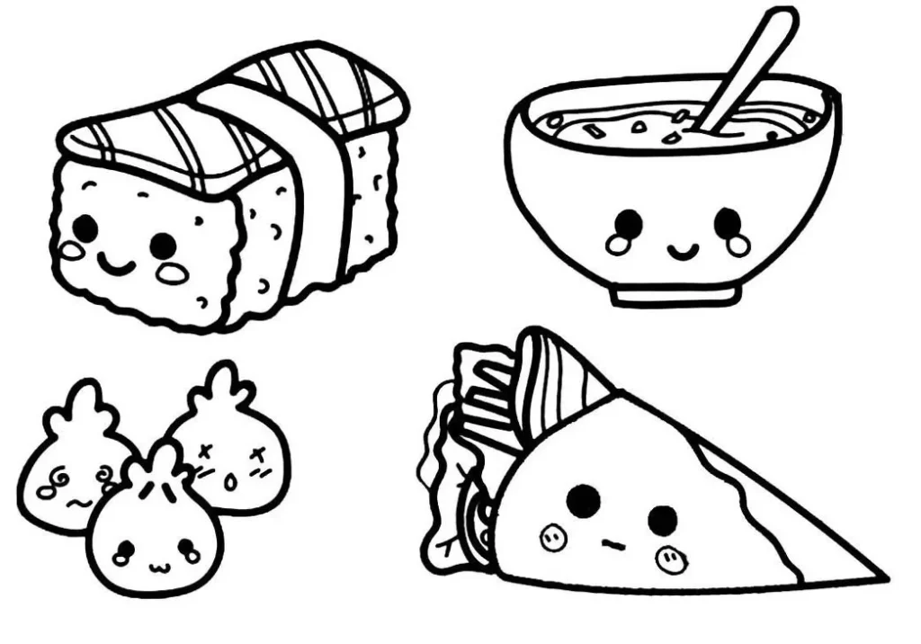 Desenhos de comidas fofas para colorir: sushi, sopa, dumplings e burrito com expressões kawaii.