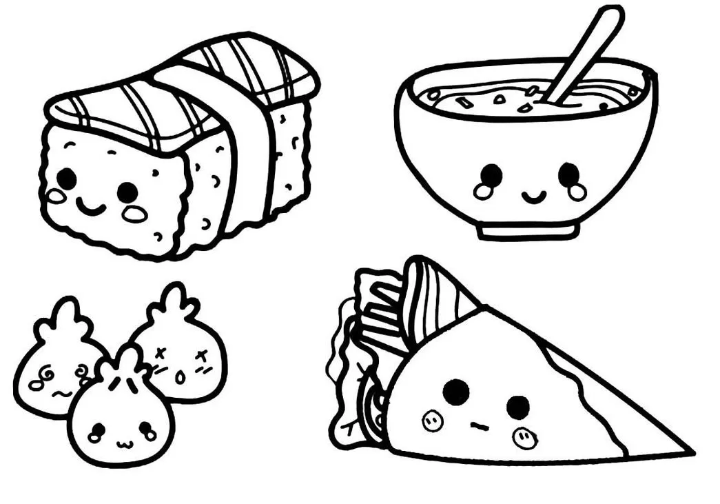 Desenhos de comidas fofas para colorir: sushi, sopa, dumplings e burrito com expressões kawaii.