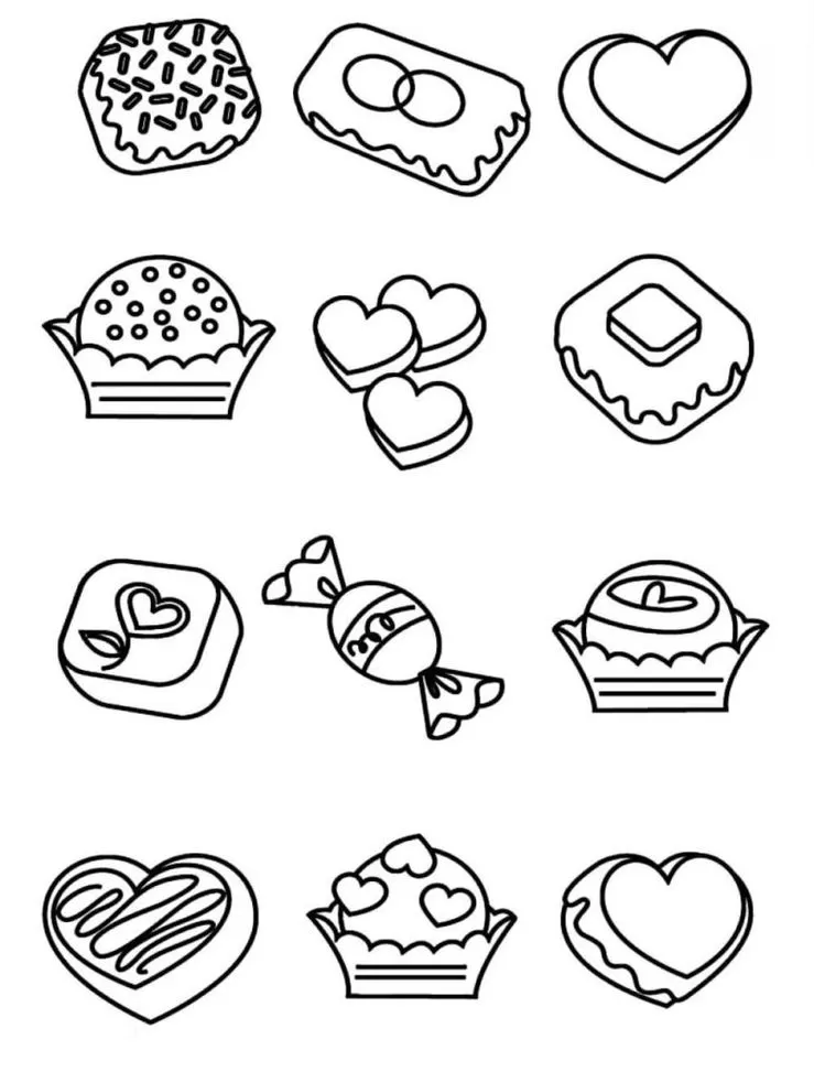 Desenhos de doces variados para colorir: bombons, corações e confeitos.