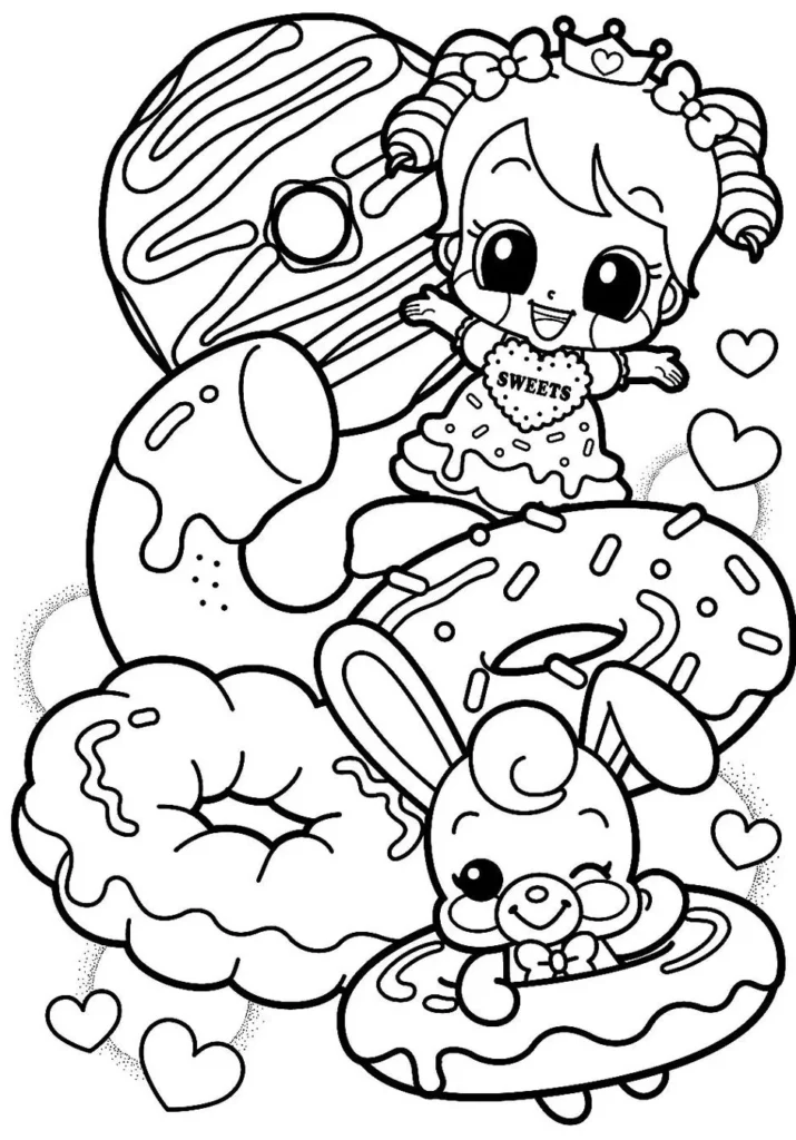 Desenhos de donuts e boneca com coelho para colorir. Atividade criativa com tema de doces.
